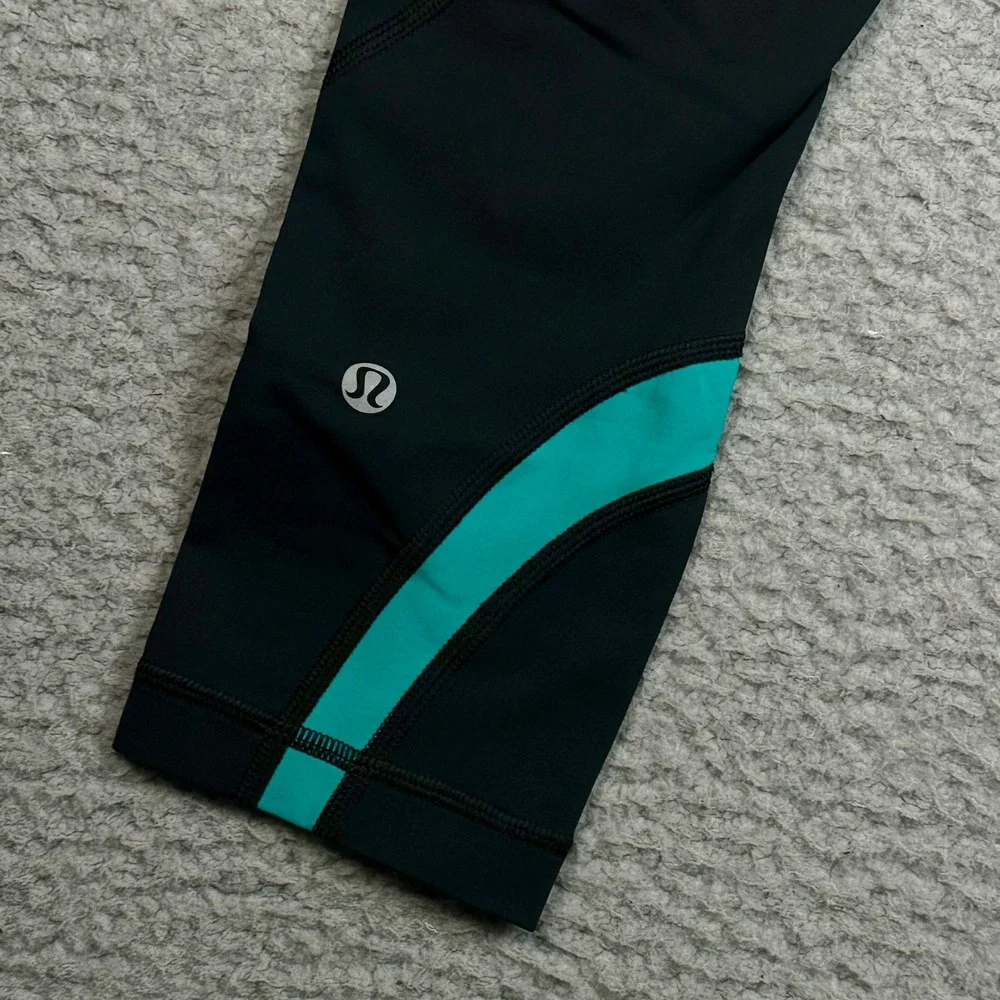 Lululemon Run Inspire Crop II Leggings Womens 4 Black Teal Luxtreme Yoga Gym